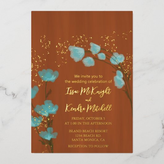 ほこりっぽい青と焦げたオレンジ色の植物フローラ 箔招待状 (正面)
