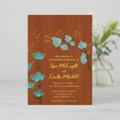 ほこりっぽい青と焦げたオレンジ色の植物フローラ 箔招待状 (立ち正面)
