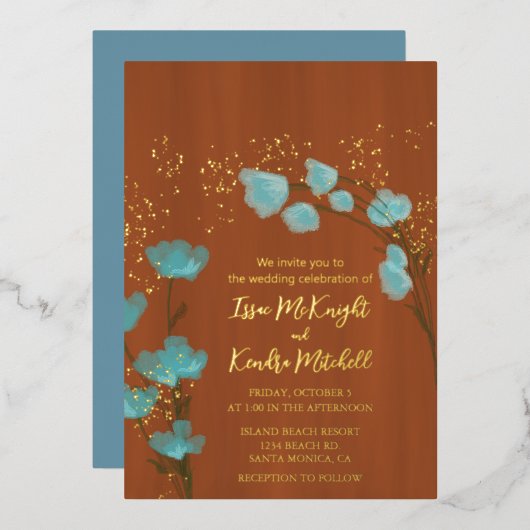 ほこりっぽい青と焦げたオレンジ色の植物フローラ 箔招待状 (正面/裏面)