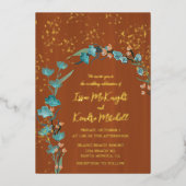 ほこりっぽい青と焦げたオレンジ色の植物性フローラアーチ 箔招待状 (正面)