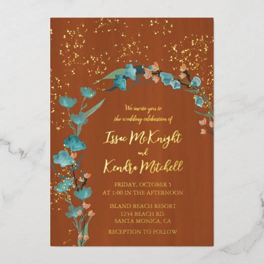 ほこりっぽい青と焦げたオレンジ色の植物性フローラアーチ 箔招待状 (正面)