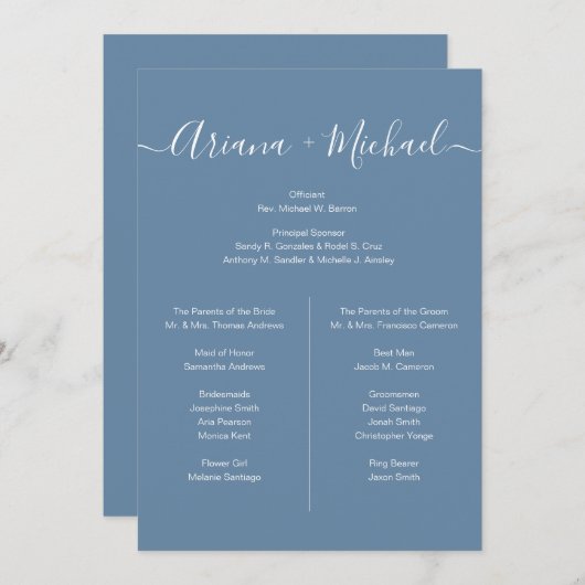 ほこりっぽい青と白のシンプルブライダルパーティ一覧 招待状 (正面/裏面)