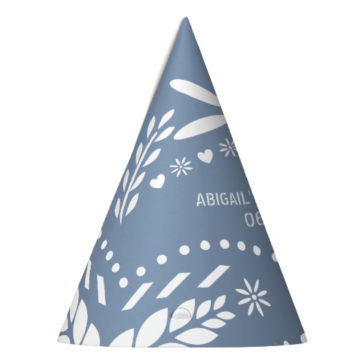 ほこりっぽい青と白のパペルピカド男の赤ちゃんシャワー パーティーハット (左)