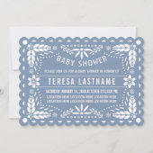 ほこりっぽい青と白のパペルピカド男の赤ちゃんシャワー 招待状 (正面)