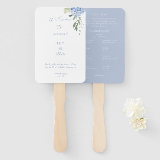 ほこりっぽい青と白のフローラあじさいセットのファン ハンドファン (正面&裏面)