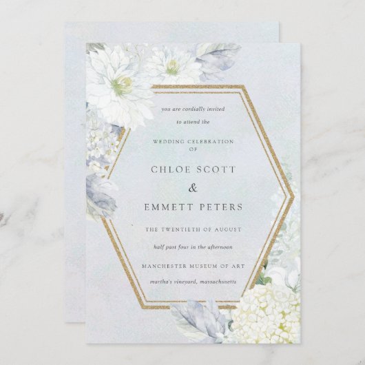 ほこりっぽい青と白のフローラの水の色結婚の 招待状 (正面/裏面)