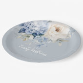 ほこりっぽい青と白のフローラの赤ちゃんシャワーの招待 ペーパープレート (アングル)