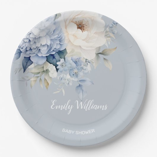 ほこりっぽい青と白のフローラの赤ちゃんシャワーの招待 ペーパープレート (正面)