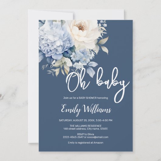 ほこりっぽい青と白のフローラの赤ちゃんシャワーの招待 招待状 (正面)