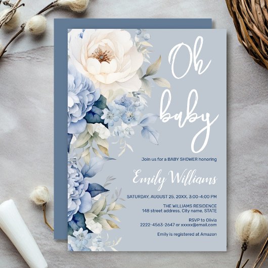 ほこりっぽい青と白のフローラの赤ちゃんシャワーの招待 招待状