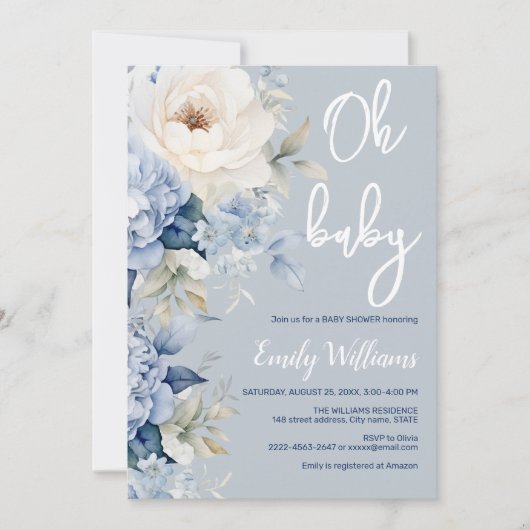 ほこりっぽい青と白のフローラの赤ちゃんシャワーの招待 招待状 (正面)