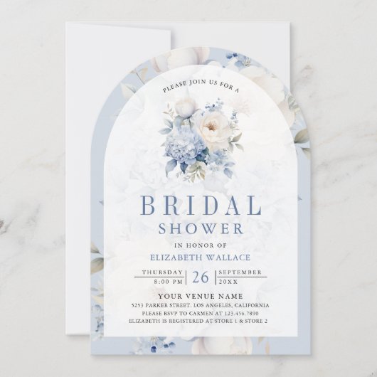 ほこりっぽい青と白のフローラフォトブライダルシャワー 招待状 (正面)