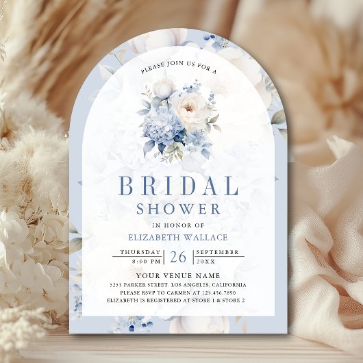 ほこりっぽい青と白のフローラフォトブライダルシャワー 招待状