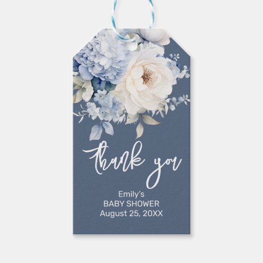 ほこりっぽい青と白のフローラベビーシャワーカード ギフトタグ (正面)