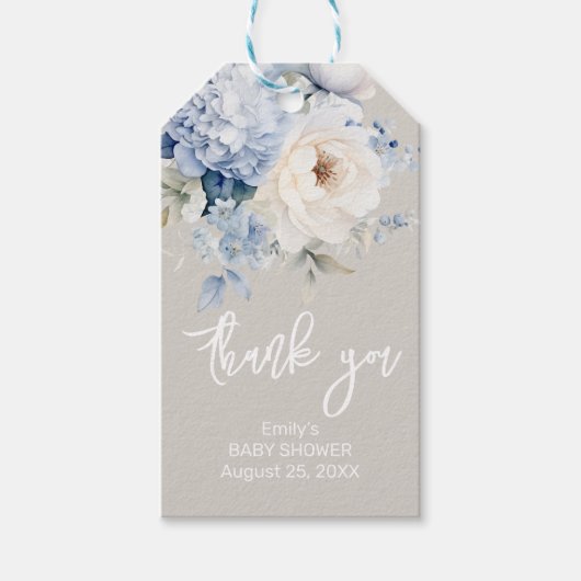 ほこりっぽい青と白のフローラベビーシャワーカード ギフトタグ (正面)