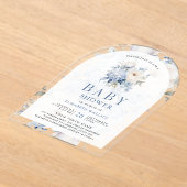 ほこりっぽい青と白のフローラベビーシャワー アクリル招待状 (レイダウン)