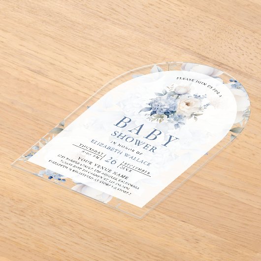 ほこりっぽい青と白のフローラベビーシャワー アクリル招待状 (レイダウン)