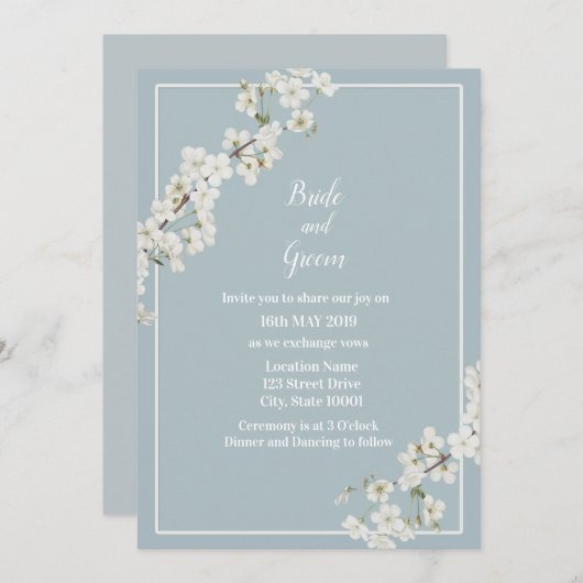 ほこりっぽい青と白のフローラ招待状 招待状 (正面/裏面)