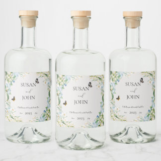 ほこりっぽい青と白のフローラ結婚ズ リキュールボトルラベル