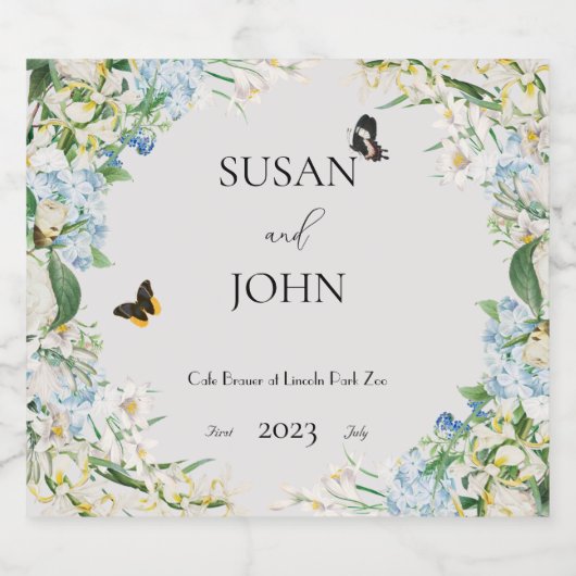 ほこりっぽい青と白のフローラ結婚ズ リキュールボトルラベル (シングルラベル)