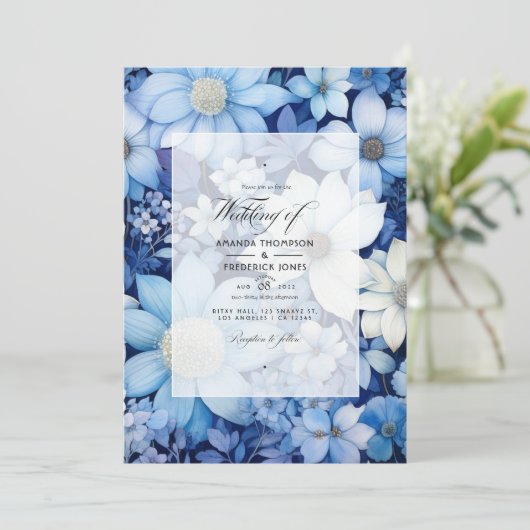 ほこりっぽい青と白のフローラ結婚ズ 招待状 (スタンド正面)