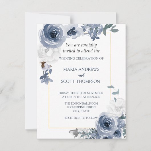 ほこりっぽい青と白のフローラ金ゴールドボタニカル結婚ズ 招待状 (正面)