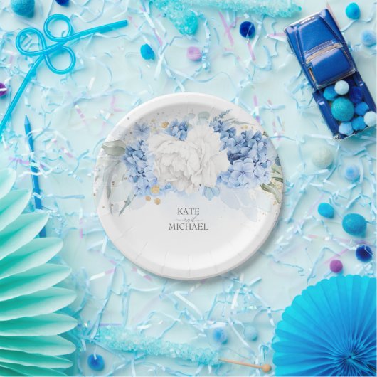 ほこりっぽい青と白のフローラ エレガント ペーパープレート (パーティー)