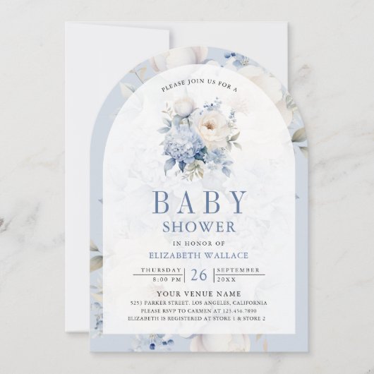 ほこりっぽい青と白のフローラQRコード赤ちゃんシャワー 招待状 (正面)