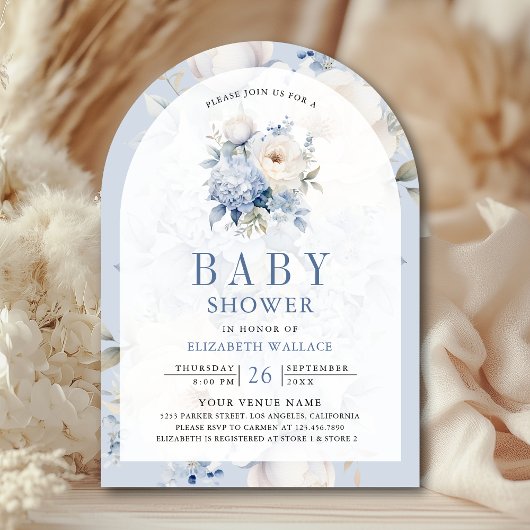 ほこりっぽい青と白のフローラQRコード赤ちゃんシャワー 招待状