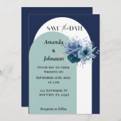 ほこりっぽい青と白のモノグラム結婚フローラ 招待状 (正面/裏面)