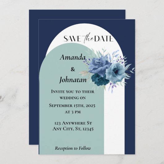 ほこりっぽい青と白のモノグラム結婚フローラ 招待状 (正面/裏面)