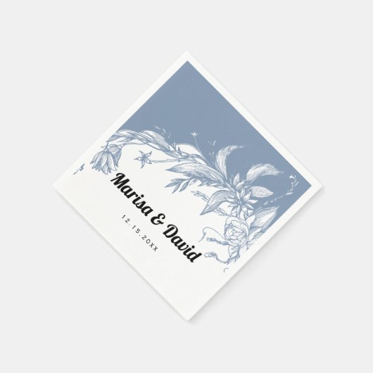 ほこりっぽい青と白のラインアートの結婚花々 スタンダードカクテルナプキン (角)