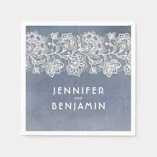 ほこりっぽい青と白のレースエレガント スタンダードカクテルナプキン (正面)