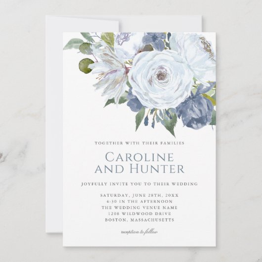 ほこりっぽい青と白の水色のフローラ結婚ズ 招待状 (正面)