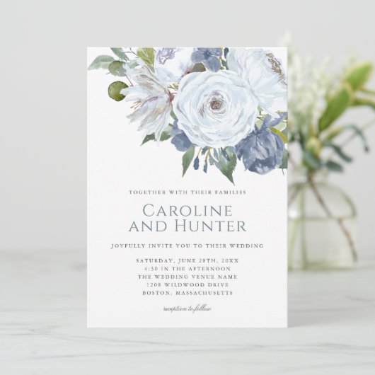 ほこりっぽい青と白の水色のフローラ結婚ズ 招待状 (スタンド正面)