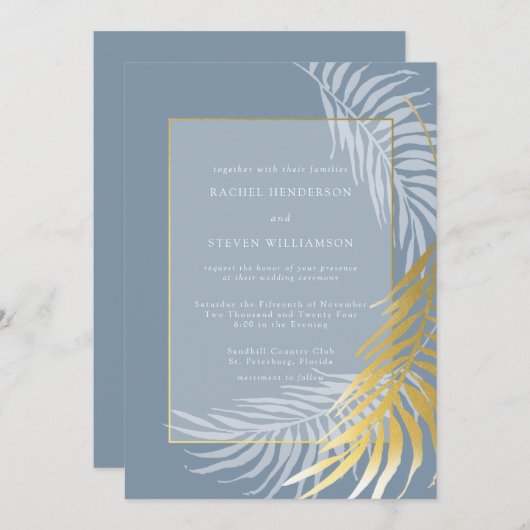 ほこりっぽい青と白の熱帯結婚式招待状 招待状 (正面/裏面)