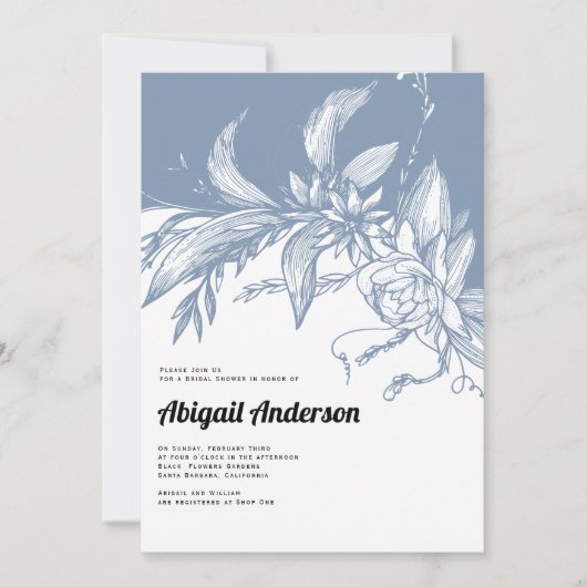 ほこりっぽい青と白結婚の花のブライダルシャワー 招待状 (正面)