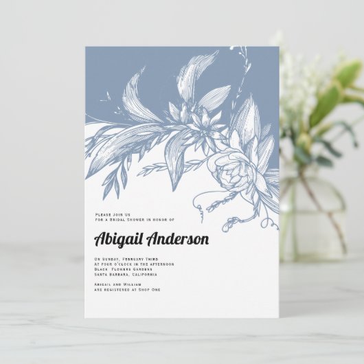 ほこりっぽい青と白結婚の花のブライダルシャワー 招待状 (スタンド正面)