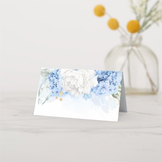 ほこりっぽい青と白結婚の花 プレイスカード (裏面)