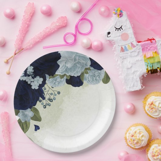 ほこりっぽい青と紺の花の緑 ペーパープレート (パーティー)