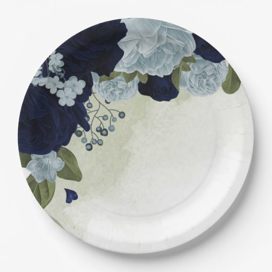 ほこりっぽい青と紺の花の緑 ペーパープレート (正面)