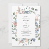 ほこりっぽい青と緑の至福のフローラ結婚ズ 招待状 (正面)