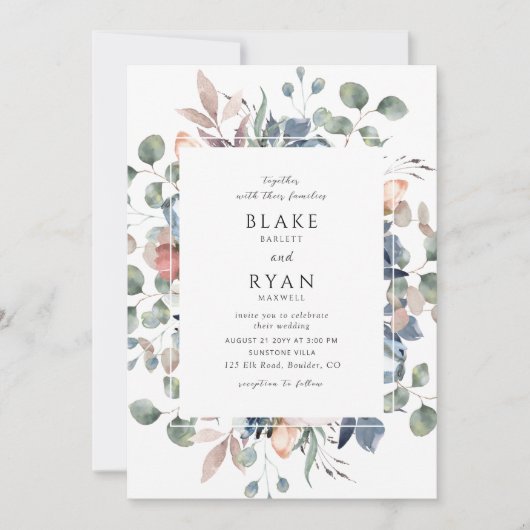 ほこりっぽい青と緑の至福のフローラ結婚ズ 招待状 (正面)