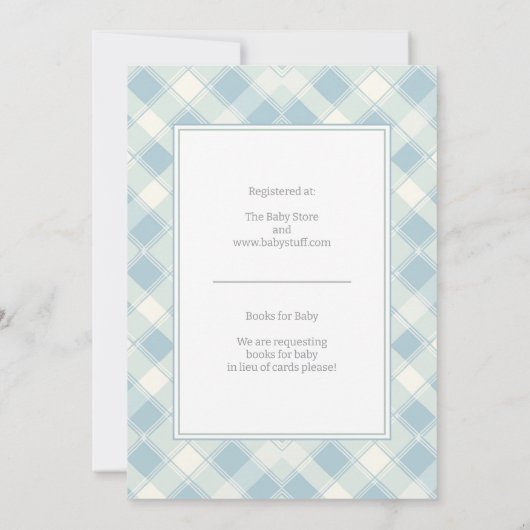 ほこりっぽい青と緑の赤ちゃんシャワー 招待状 (裏面)