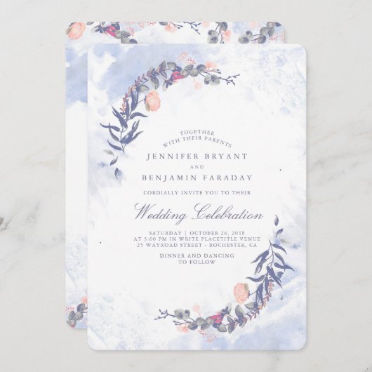 ほこりっぽい青と赤面の水の色 – フローラ結婚の 招待状 (正面/裏面)