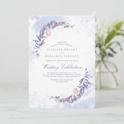 ほこりっぽい青と赤面の水の色 – フローラ結婚の 招待状 (スタンド正面)