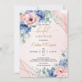 ほこりっぽい青と赤面ピンクの花の金ゴールド枠 招待状 (正面)