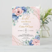 ほこりっぽい青と赤面ピンクの花の金ゴールド枠 招待状 (スタンド正面)