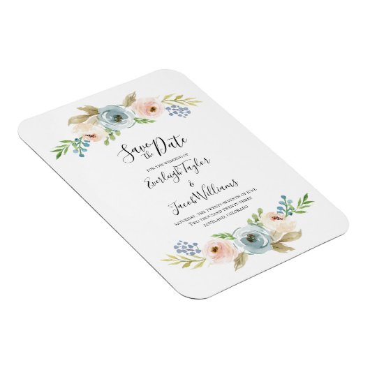 ほこりっぽい青と赤面結婚式の日付磁石を保存 マグネット (右側)