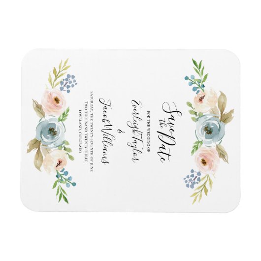 ほこりっぽい青と赤面結婚式の日付磁石を保存 マグネット (横)